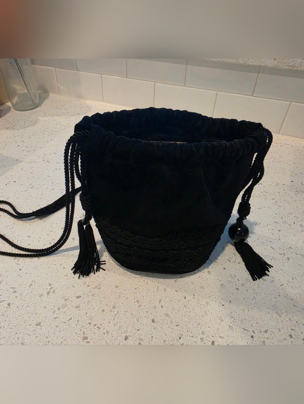 Vintage Adrienne Vittadini Elegant Suede Evening Drawstring Bucket Bag